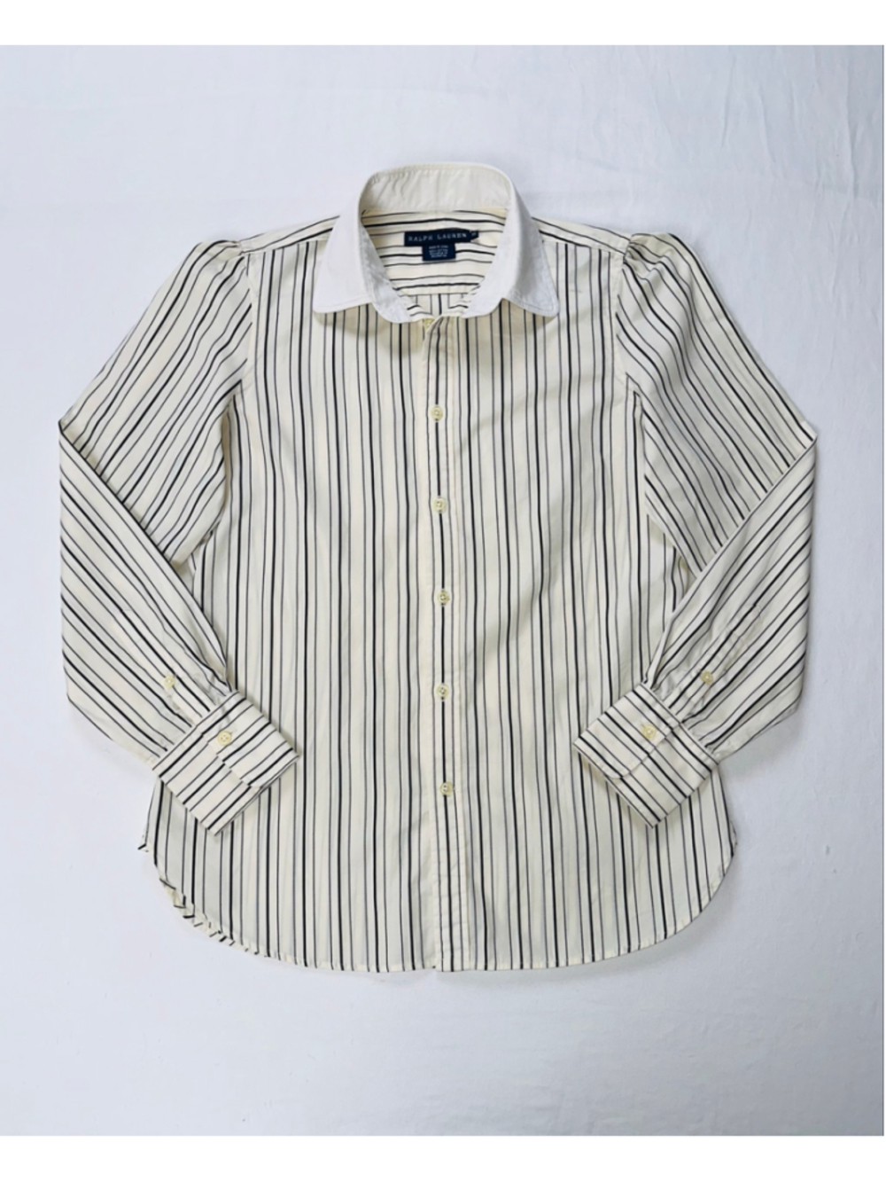 Ralph Lauren Women’s Black Ivory Stripe Cotton Puff Sleeve Button Down Shirt 10 - Picture 2 of 14